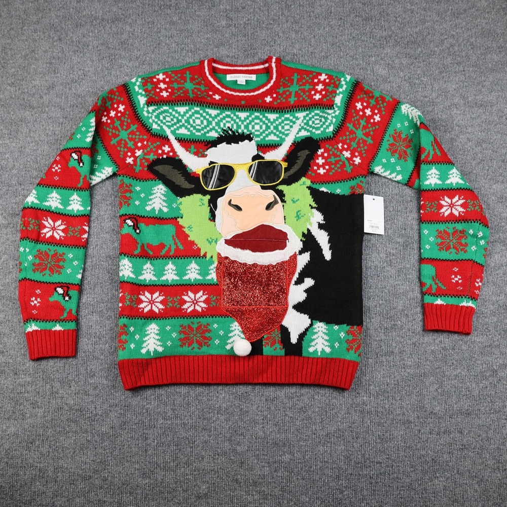 Celebrate Together Sweater Mens Small Green Ugly Christmas Cow Pom Pom E93144K